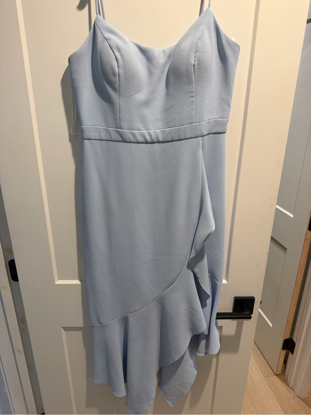 Aqua Pale Blue Spaghetti Strap Ruffle-Trim Midi Dress